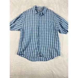 Indigo Palms 100% Irish Linen Shirt Men Sz XL Blue Plaid Short Sleeve Resort